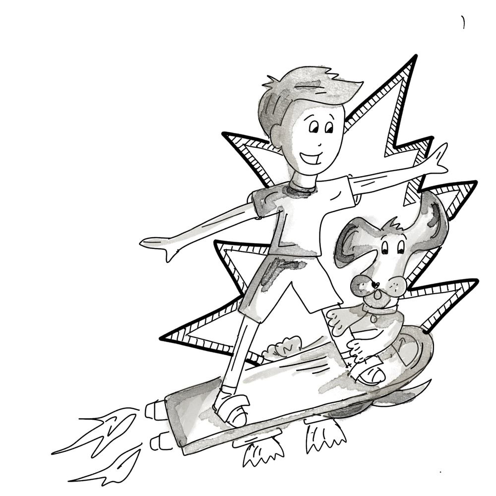 Adventure Don and Beau flying on Berty the rocket skateboard