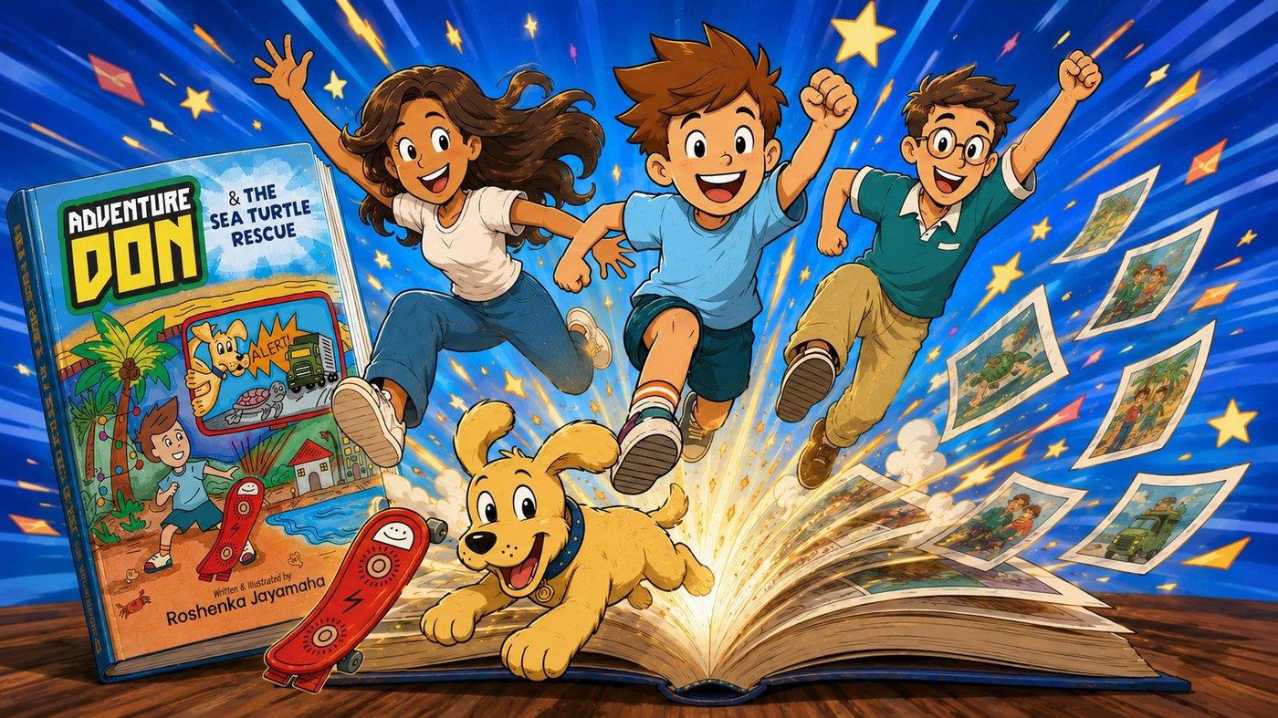 Adventure Don characters leaping from the pages of the book — join the launch book tour